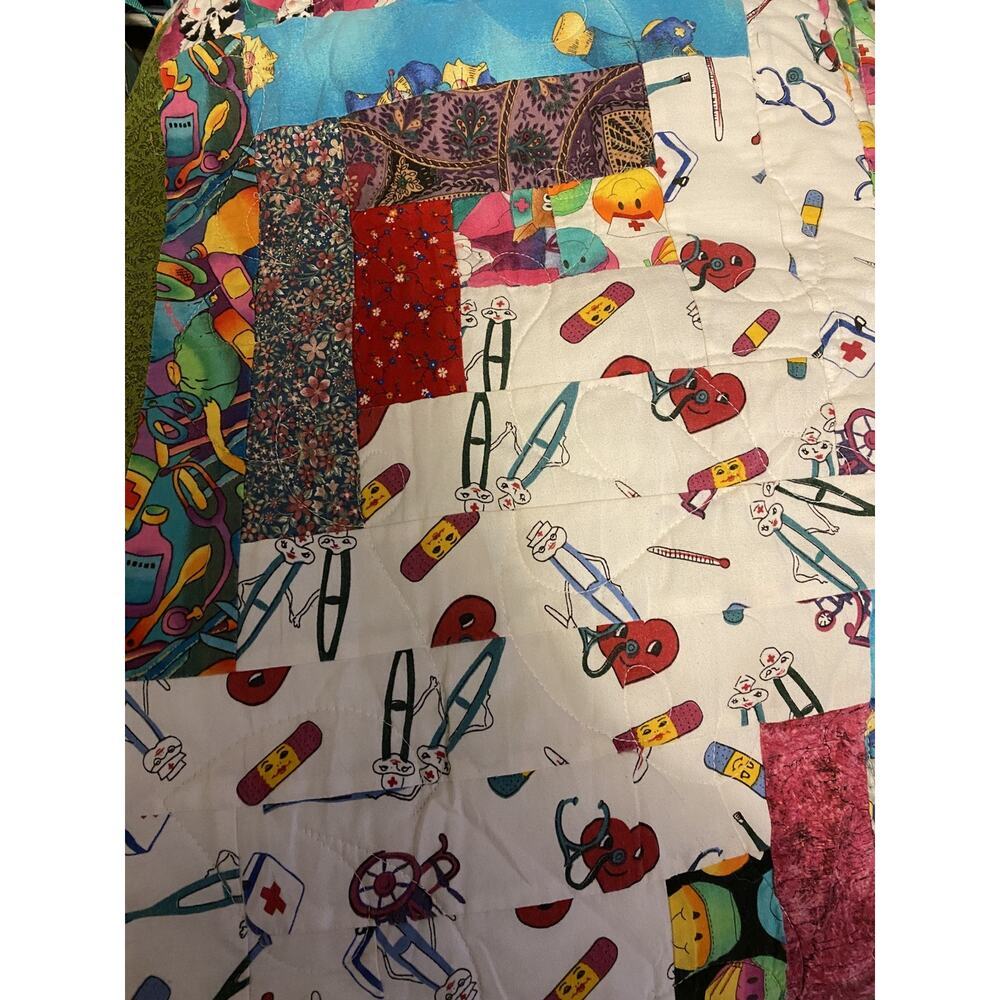 Vintage Handmade Patchwork Quilt Throw Blanket 64”x40” Doctor Nurse Patient - Picture 5 of 6